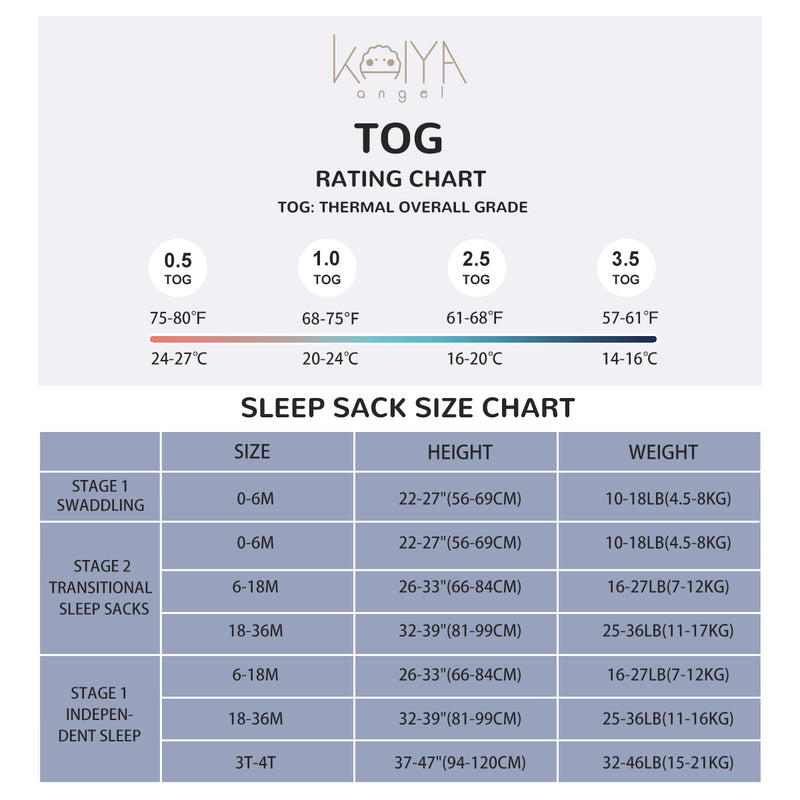 Organic Cotton Sleeveless Zip Sleep sack with legs 1.0 TOG - Constellation Size Chart
