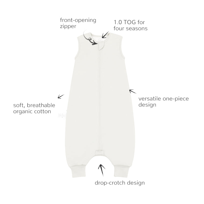 Organic Cotton Sleeveless Zip Sleep sack with legs 1.0 TOG - Milk White