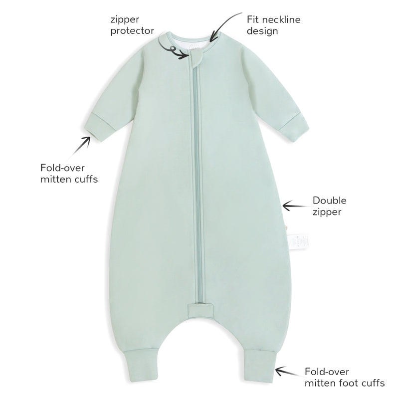 Toddler Zip Sleep Sack Organic Cotton Long Sleeve With Footie 1.0 TOG Design Detail- Pea Green