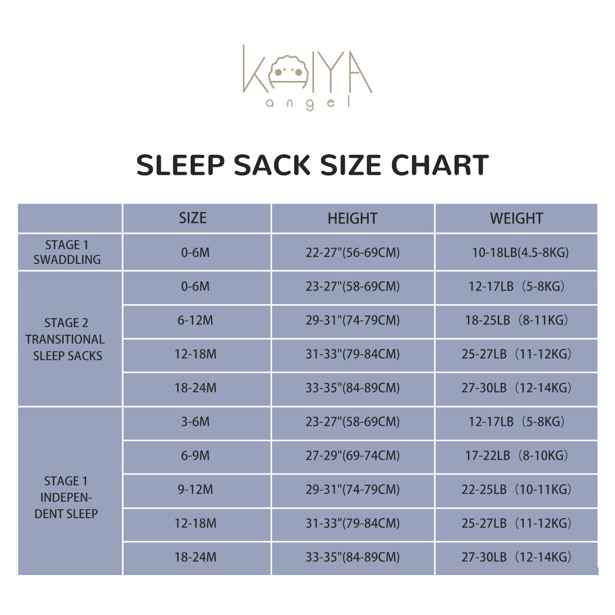 Front Opening Long Sleeve Sleep Sack - size chart
