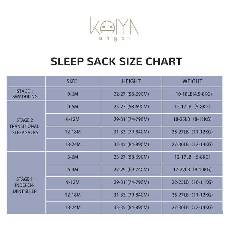 Front Opening Long Sleeve Sleep Sack - Shell - size chart